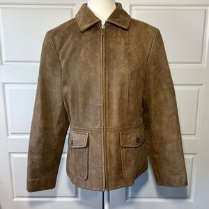 Q.U.E Womens Brown Genuine Leather Suede Jacket Size L Zip Front Utility Pockets